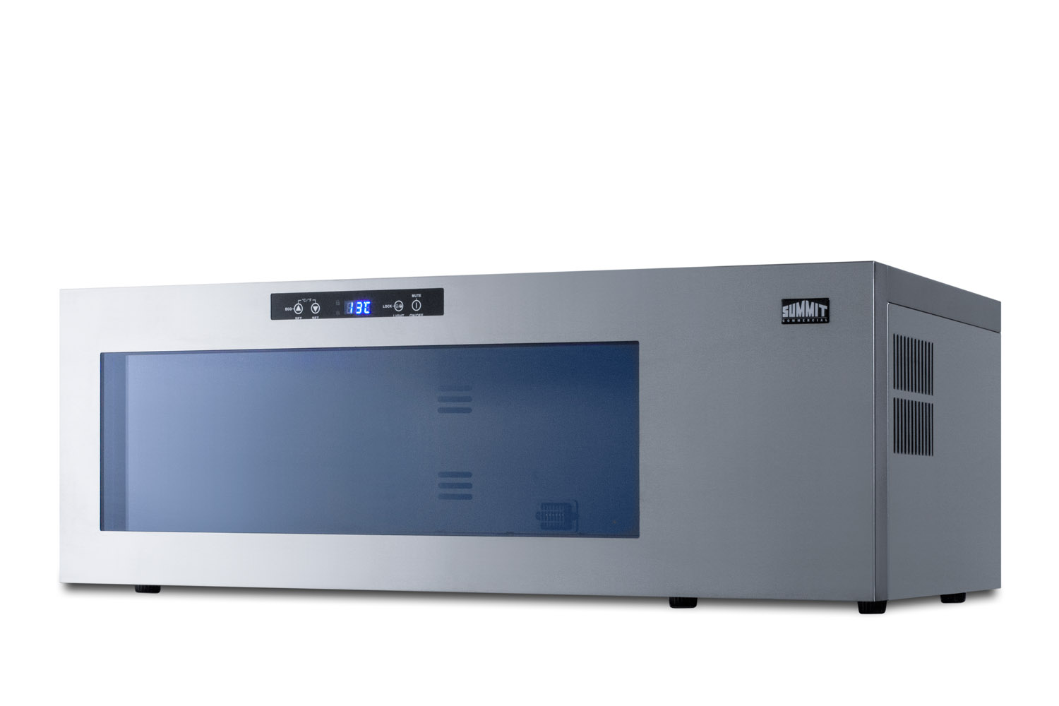 Commercially approved open bottle wine cooler in stainless steel with digital controls and compressor-cooled design for countertop use, designed for the display and refrigeration of beverages